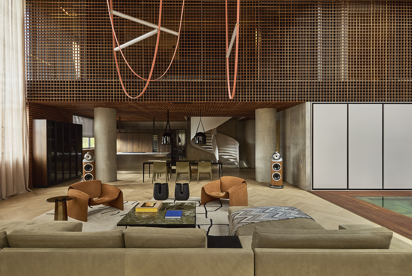 interior of Medell&iacute;n apartment, tall ceilings, contemporary design, timber lattices