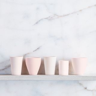 white wall with shelf and pink pots