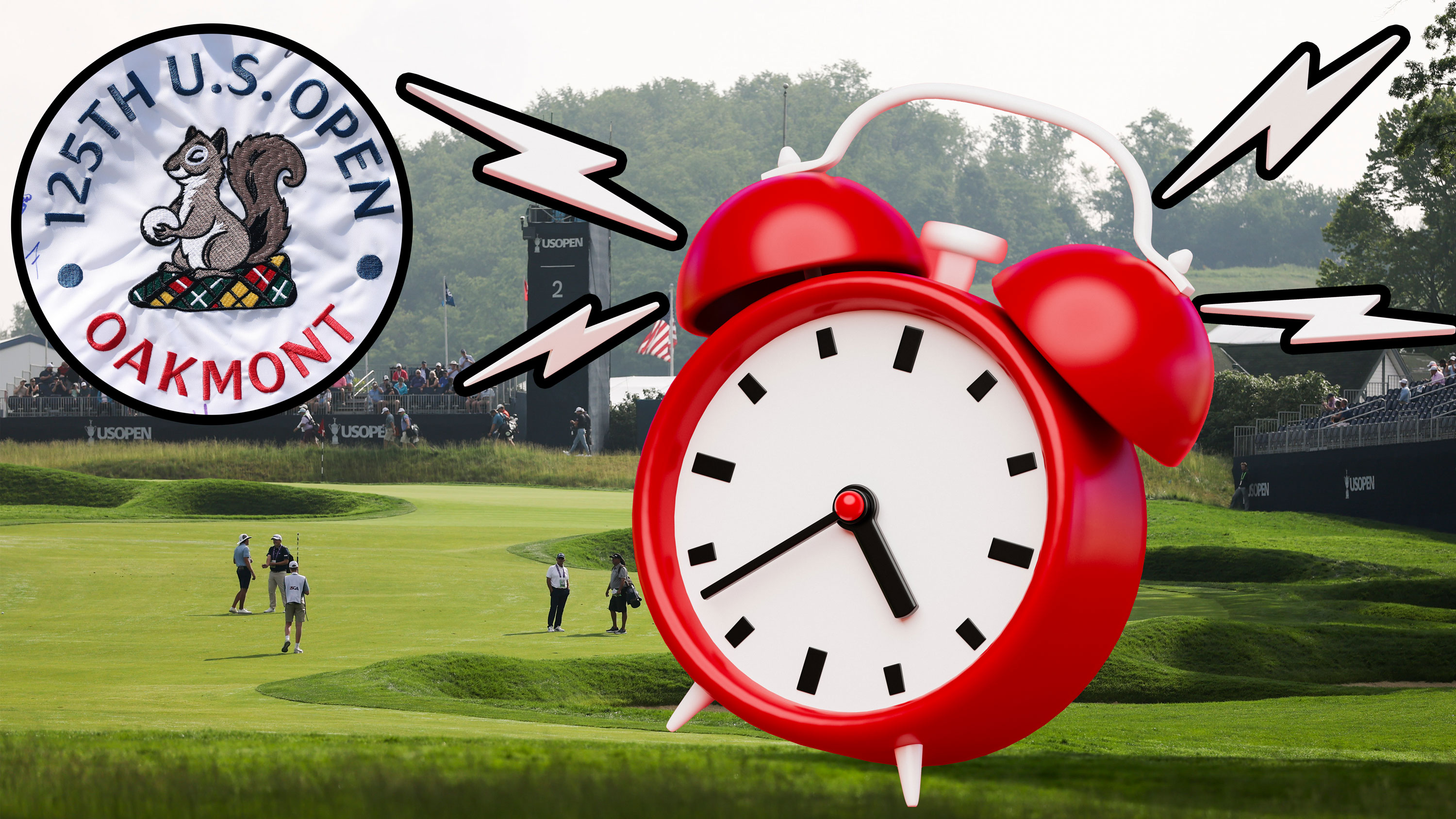 The second hole at the US Open venue Oakmont, with an inset image of an alarm clock going off to indicate pace of play and another inset image of the US Open logo