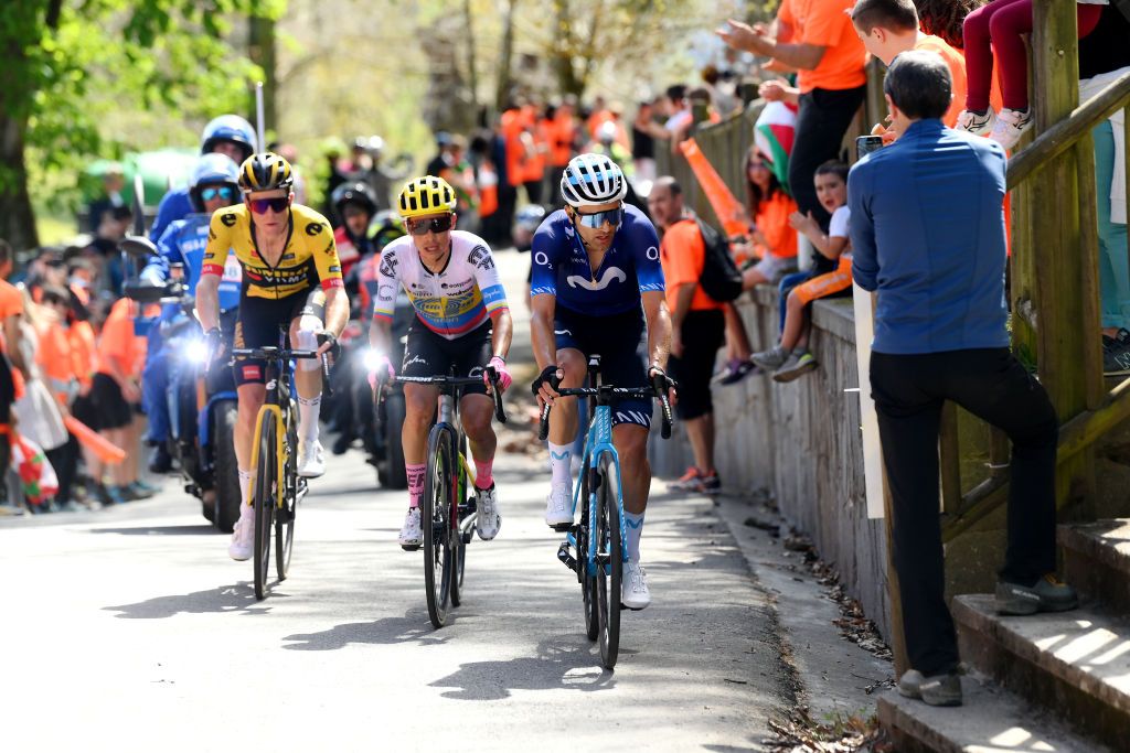 EIBAR SPAIN APRIL 08 LR Steven Kruijswijk of The Netherlands and Team Jumbo Visma Jhoan Esteban Chaves Rubio of Colombia and Team EF Education Easypost and Ruben Guerreiro of Portugal and Movistar Team compete in the breakaway climbing to the Krabelin 576m during the 62nd Itzulia Basque Country Stage 6 a 1378km stage from Eibar to Eibar UCIWT on April 08 2023 in Eibar Spain Photo by David RamosGetty Images
