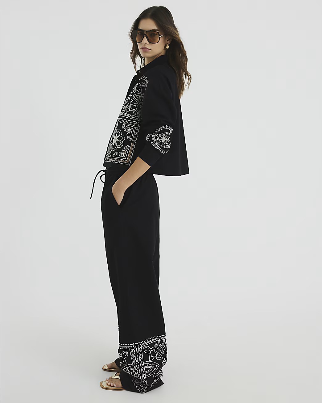 River Island, Black Linen Blend Broderie Trousers