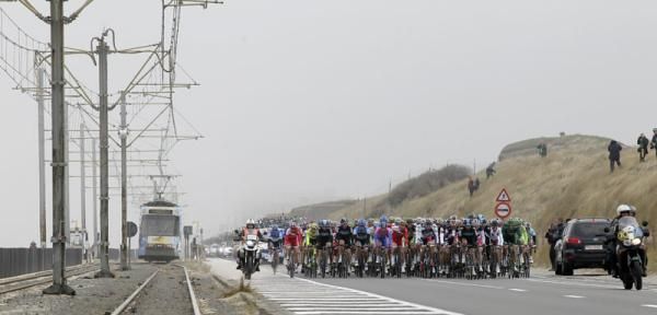 The peloton during the early stages of the race