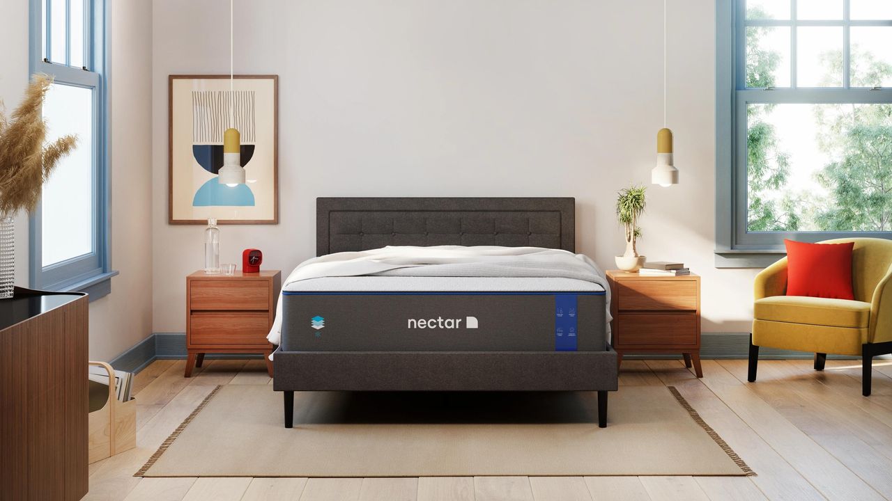 A Nectar mattress in midcentury modern bedroom - one of the best cheap mattress picks in our guide