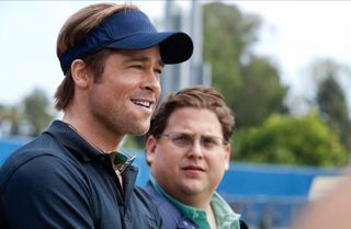 brad pitt and jonah hill at a baseball park in the movie moneyball