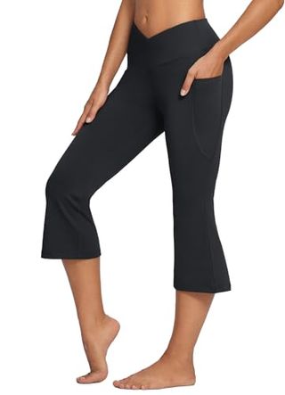 Baleaf Flare Yoga Pants Women Capri Leggings With Pockets Bootcut Crop Pants Casual Summer Lounge Workout Work - Black M