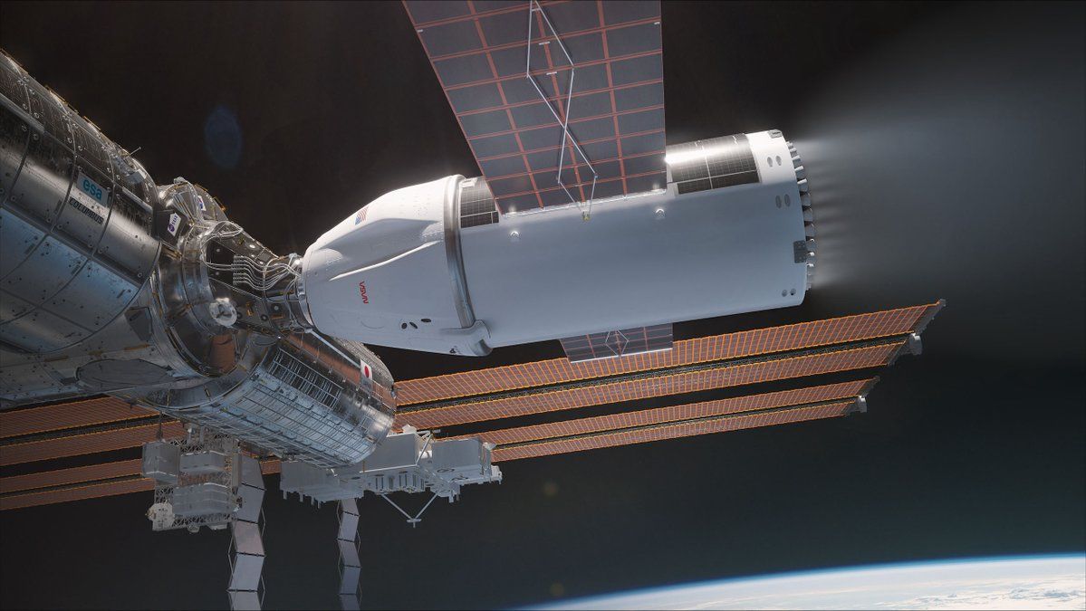 artist&#039;s impression of a cone-shaped spacecraft, powered by solar arrays, firing its engines while docked to the international space station. the curve of earth and black of space is visible behind