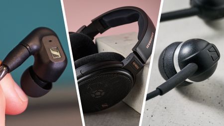 Sennheiser earbuds and headphones together in a 3-split image