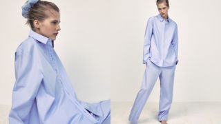composite of model wearing blue poplin shirt pajama set from zara
