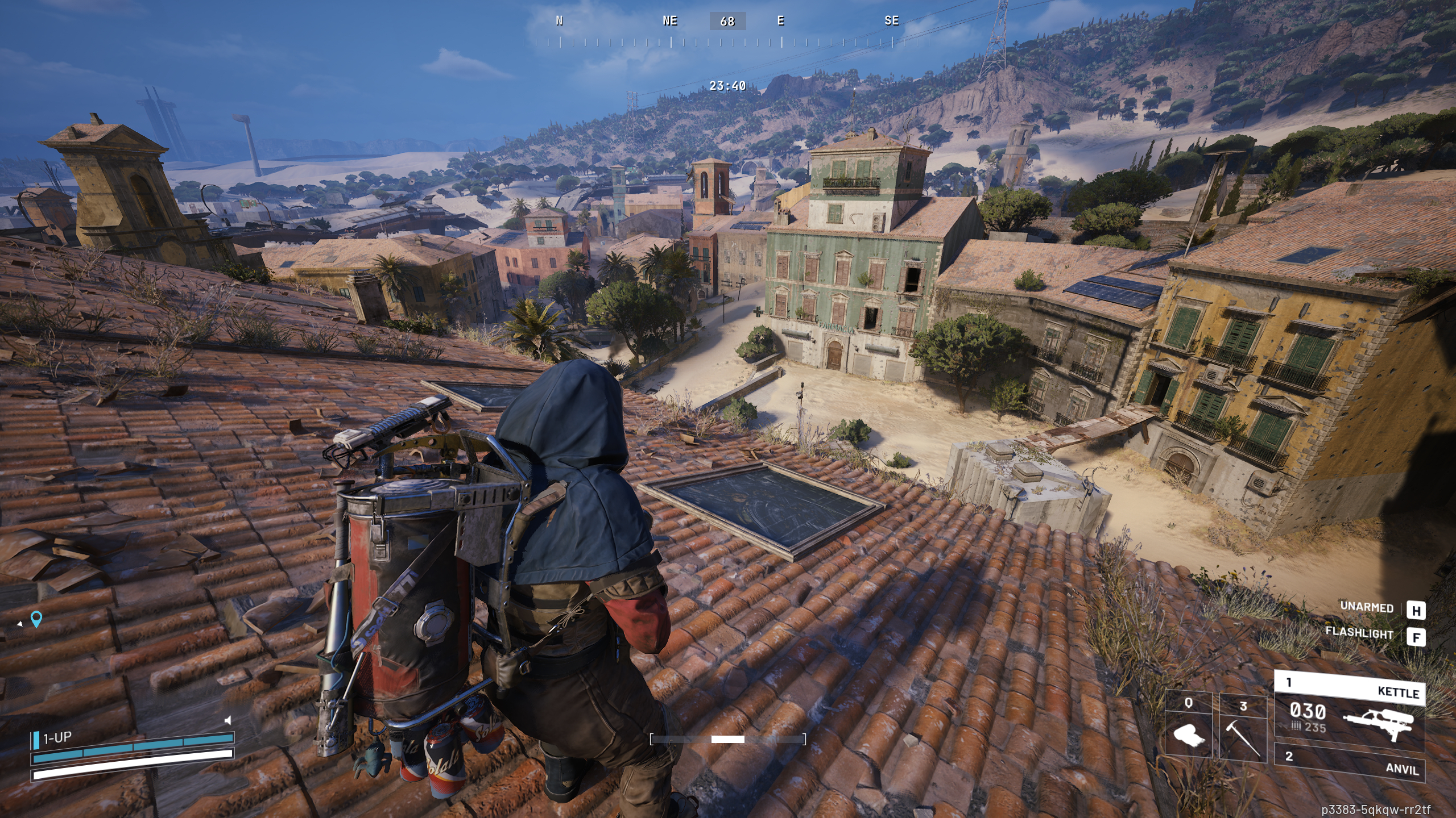 Arc Raiders Combat Recon: A player standing on the roof of a building in the Plaza Rosa area of the Buried City, overlooking the plaza and Main Street.