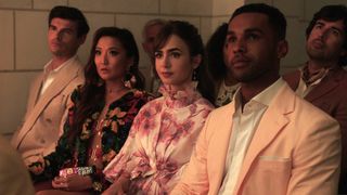 Paul Forman as Nicolas De Leon, Ashley Park as Mindy, Lily Collins as Emily, Lucien Laviscount as Alfie in episode 310 of Emily in Paris