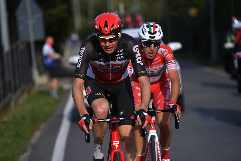 RIMINI ITALY OCTOBER 14 Sander Armee of Belgium and Team Lotto Soudal Mattia Bais of Italy and Team Androni Giocattoli Sidermec Breakaway during the 103rd Giro dItalia 2020 Stage Eleven a 182 km stage from Porto SantElpidio to Rimini girodiitalia Giro on October 14 2020 in Rimini Italy Photo by Tim de WaeleGetty Images