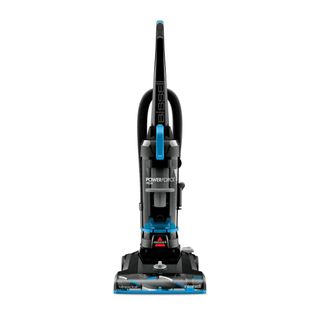 A black and blue Bissell upright vacuum