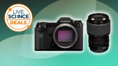 Fujifilm GFX100S II Mirrorless Medium Format Camera and GF 110mm f/2 R LM WR lens on a green background