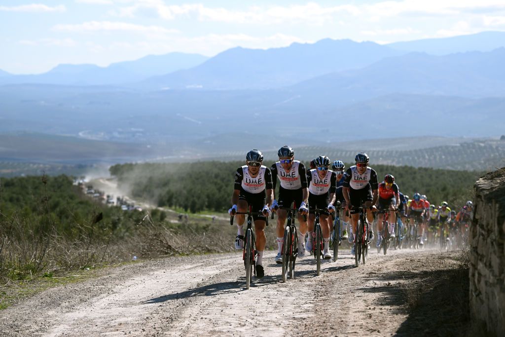 BAEZA SPAIN FEBRUARY 13 LR Alessandro Covi of Italy and Tim Wellens of Belgium and UAE Team Emirates lead the peloton during the 2nd Clasica Jaen Paraiso Interior 2023 a 1789km one day race from beda to Baeza 752m ClsicaJan23 on February 13 2023 in Baeza Spain Photo by Dario BelingheriGetty Images