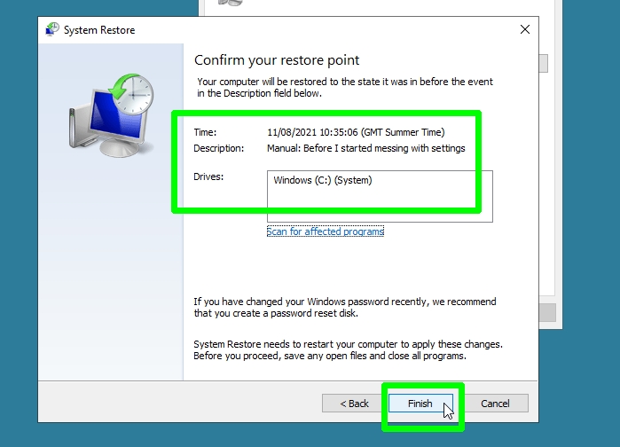 how to use system restore in Windows 10 - confirm restore