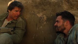 Tom Cruise and Jake Johnson shouting during an action scene in The Mummy.