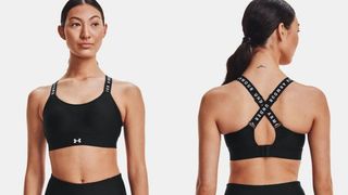 Under Armour Infinity High Sports Bra in black worn by model, front and rear view