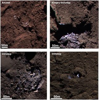 Examples of bright spots seen on Comet 67P/Churyumov-Gerasimenko in September 2014 by the Rosetta probe. A new analysis suggests the patches could be water ice.