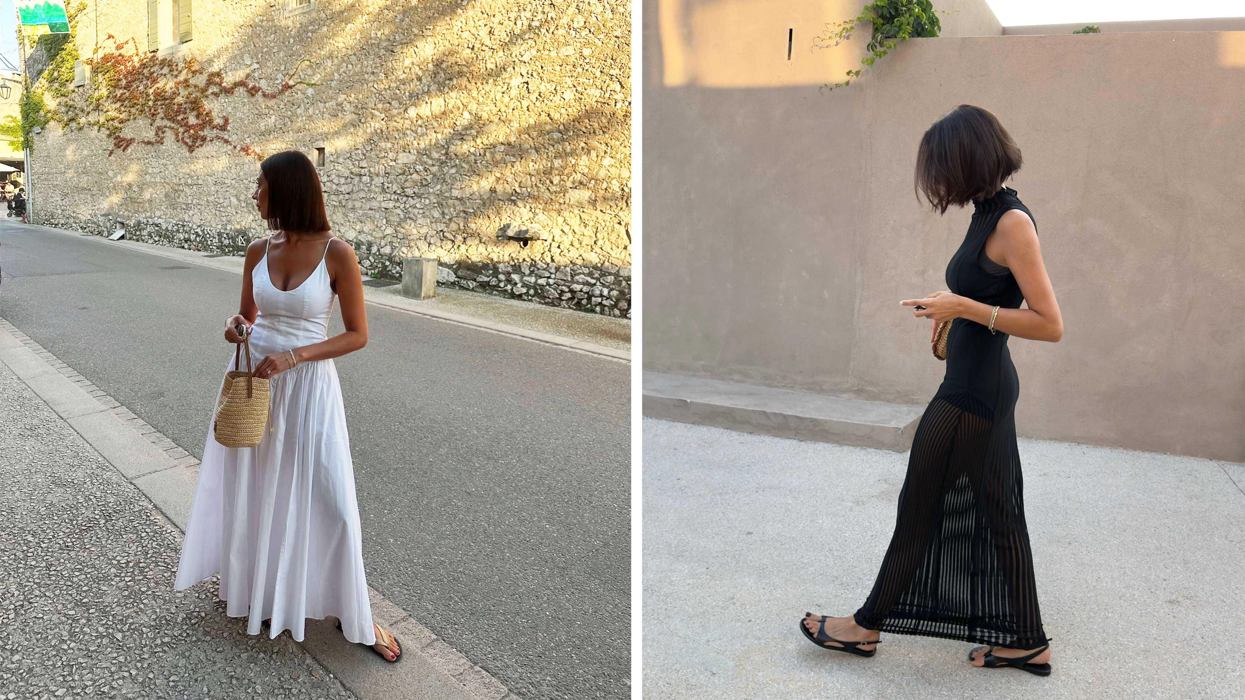Woman in chic white and black dresses
