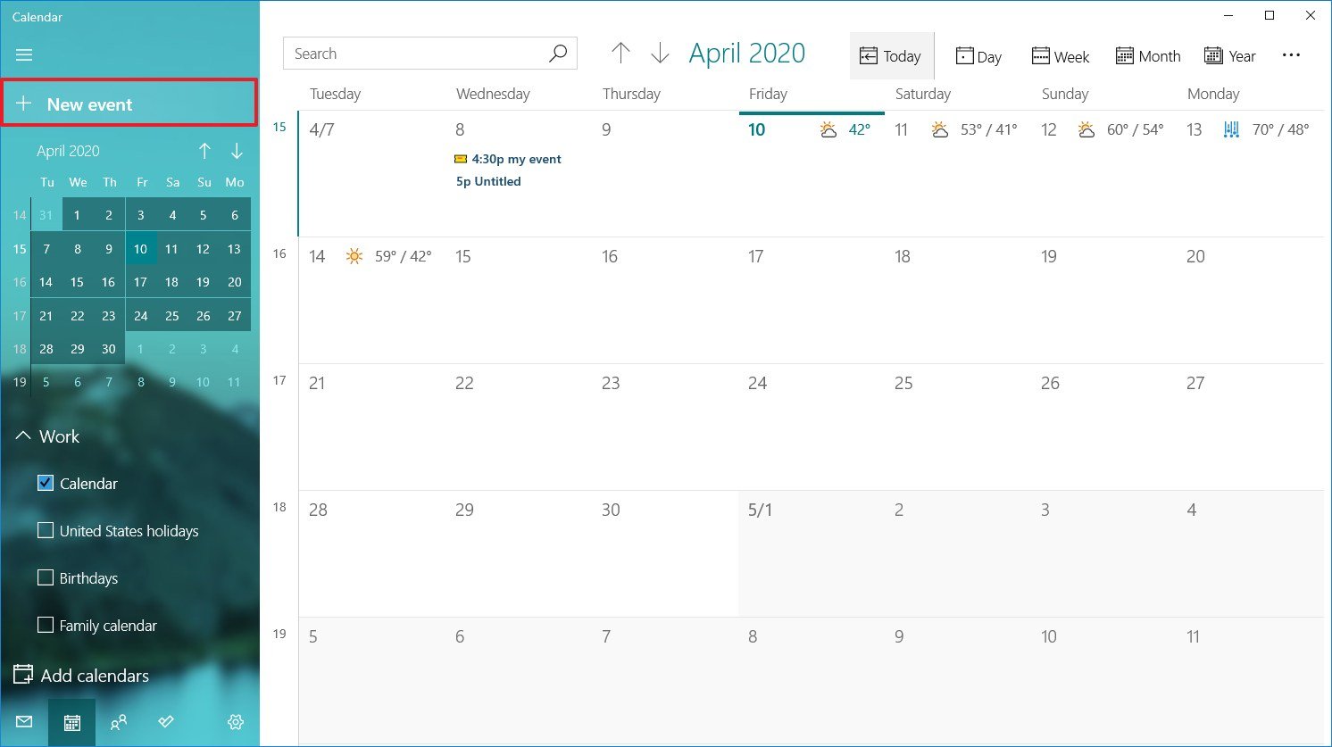 Create new calendar event option