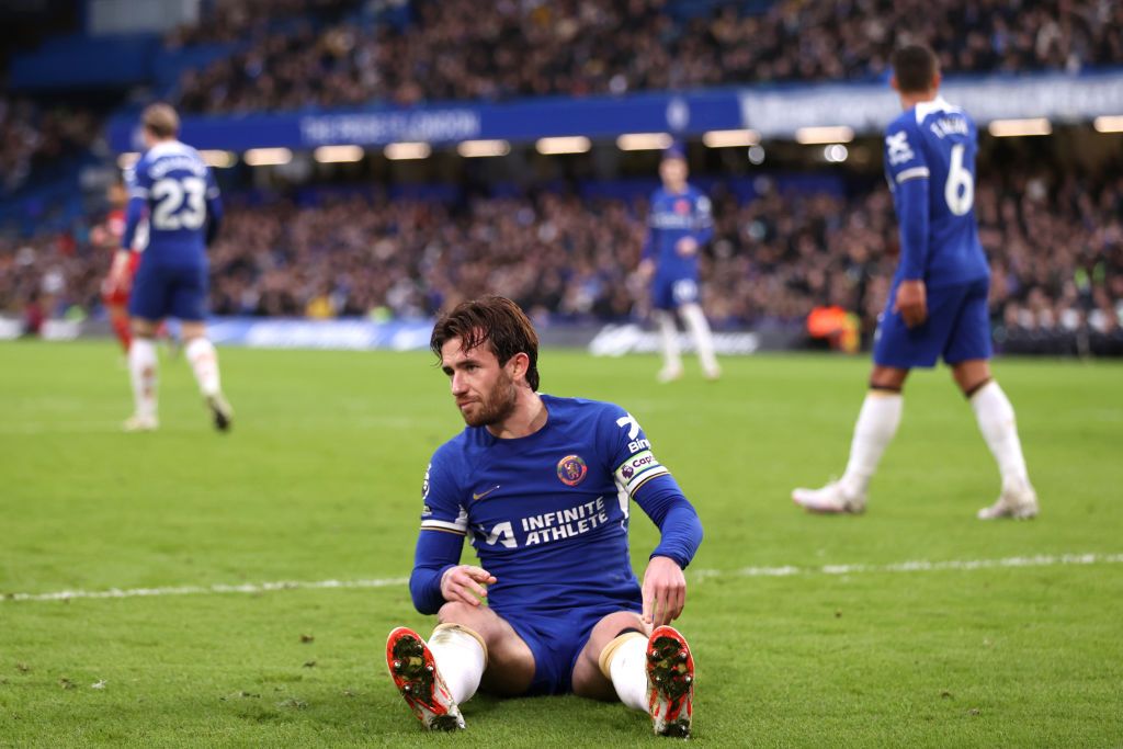 Ben Chilwell of Chelsea reacts after Matheus Cunha of Wolverhampton Wanderers (not pictured) scored his sides third goal during the Premier League match between Chelsea FC and Wolverhampton Wanderers at Stamford Bridge on February 04, 2024 in London, England. (Photo by Alex Pantling/Getty Images)