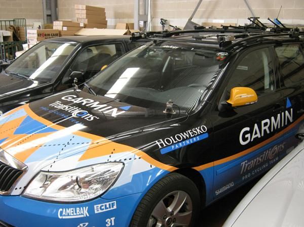 A team car decked out in the iconic argyle livery of Slipstream Sports.