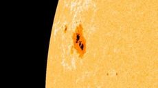 A close-up photo of a sunspot near the edge of the solar disk