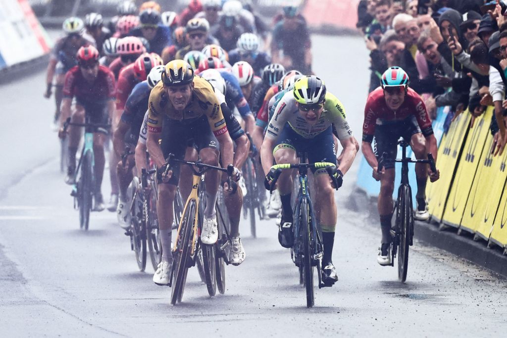 JumboVisma&rsquo;s Christophe Laporte L and Intermarche Circus Wantys rider Rune Herregodts R compete to win the first stage