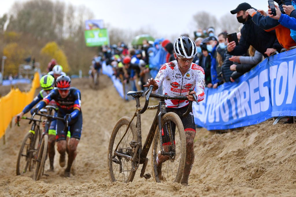 KOKSIJDE BELGIUM NOVEMBER 21 Eli Iserbyt of Belgium and Team Pauwels Sauzen Bingoal competes during the 50th Koksijde UCI CycloCross Worldcup 2021 Mens Elite CXWorldCup on November 21 2021 in Koksijde Belgium Photo by Luc ClaessenGetty Images