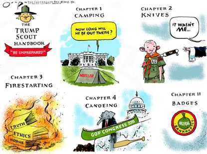 Political cartoon U.S. Trump boy scouts speech Mueller Sessions GOP heath care failure