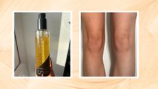 Collage (L-R) Hand holding St Tropez Body Serum and photo of knees showing left leg with the tan on and the right leg without any tan, on a cream background