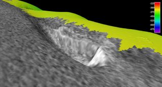 A 3D view of the scour mark caused by a hard object on the seafloor, as mapped by the NOAA Ship Okeanos Explorer. This image shows the sonar reflection intensity ("backscatter") in black and white, which is draped over the seafloor. White indicates a strong reflection and hard surface. The depth of this feature is 1,083 feet (330 meters). Although thought to possibly be a shipwreck, the bright mound ended up being a rocky reef habitat.