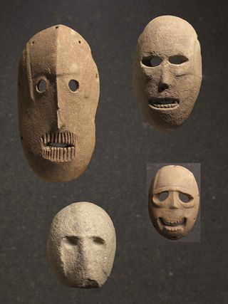 Holes at the edges of the stone artifact may have been threaded with hair or strung with cords to attach the mask to the face or hang it up on a building.