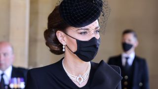 Catherine, Duchess of Cambridge arrives for the funeral of Prince Philip, Duke of Edinburgh at Windsor Castle on April 17, 2021 in Windsor, England