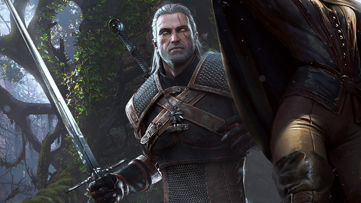 Geralt in The Witcher holding a sword