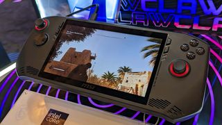 MSI Claw running Assassin's Creed Mirage at CES 2024.