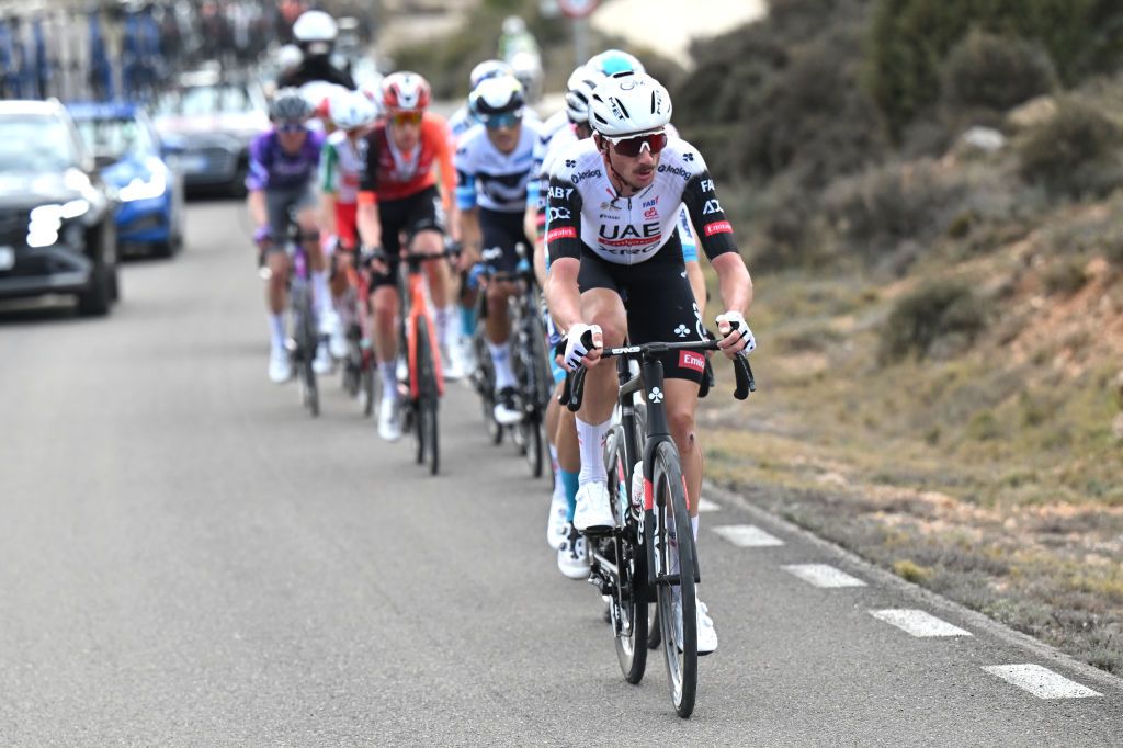 ALPUENTE SPAIN FEBRUARY 07 Brandon McNulty of The United States and UAE Team Emirates XRG competes in the chase group during the 76th Volta a la Comunitat Valenciana 2025 Stage 3 a 1803km stage from Algemesi to Alpuente 958m on February 07 2025 in Alpuente Spain Photo by Szymon GruchalskiGetty Images