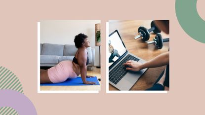 woman doing yoga at home and woman looking at video or personal trainer strength training 