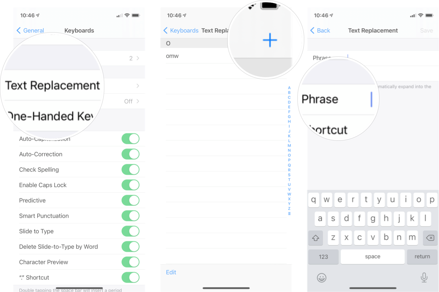 Adding Apple Symbol in iOS 14: Tap text replacement, tap the + button, and then tap and hold the phrase text field.