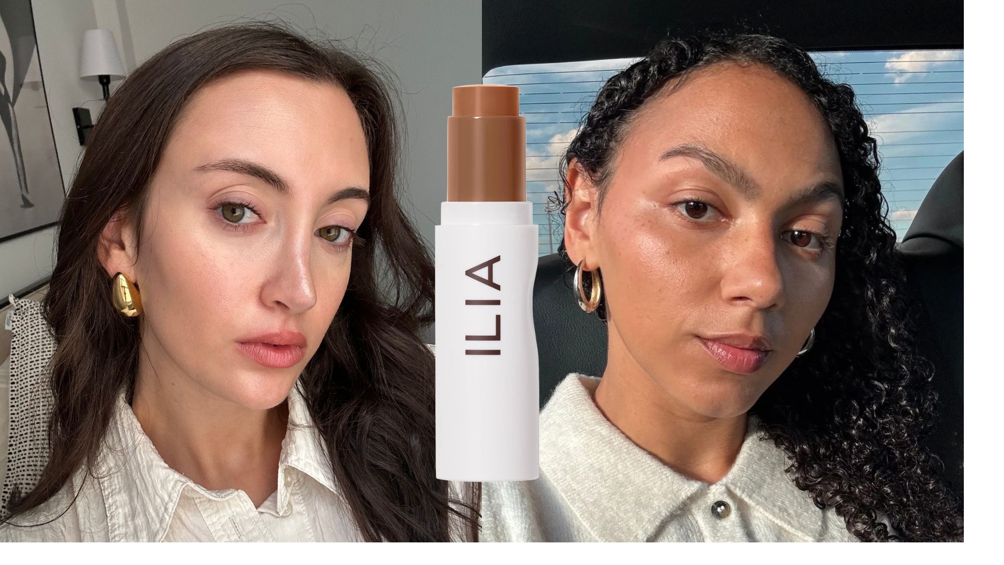 Beauty editors Alyssa Brascia and Sabrina Talbert testing and wearing foundation sticks.