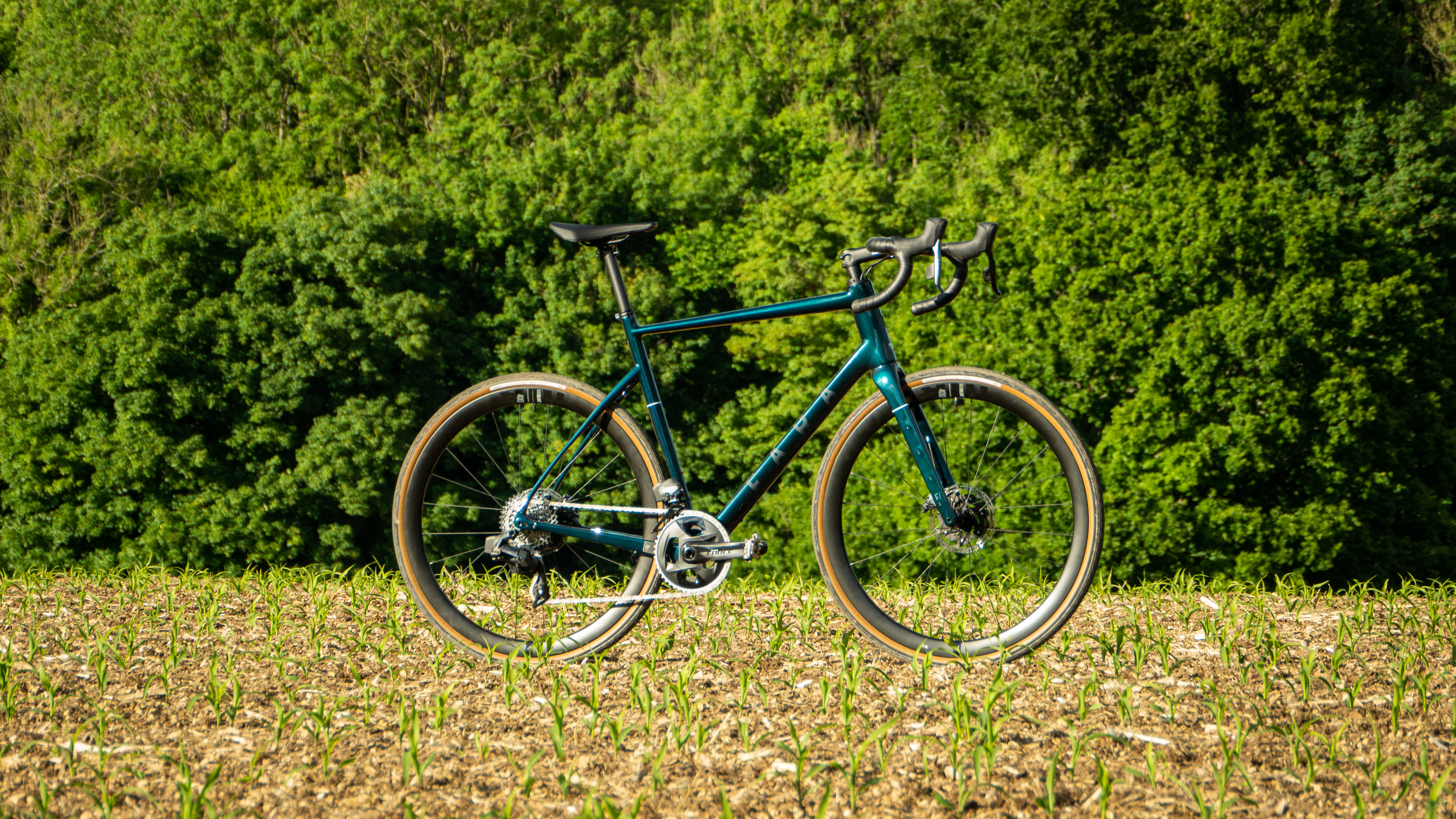 A close up of the Fara F/AR bike standing in a field