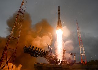 A Russian Soyuz 2.1b rocket launches the Glonass-M navigation satellite into orbit from Plesetsk Cosmodrome on May 27, 2019.