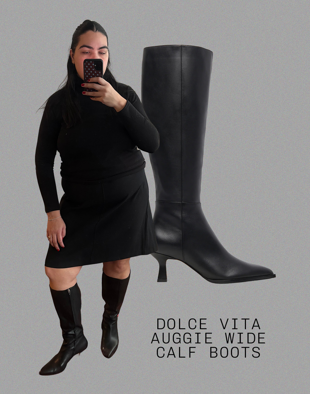 Who What Wear editor Ana Escalante wears different wide-calf boots.