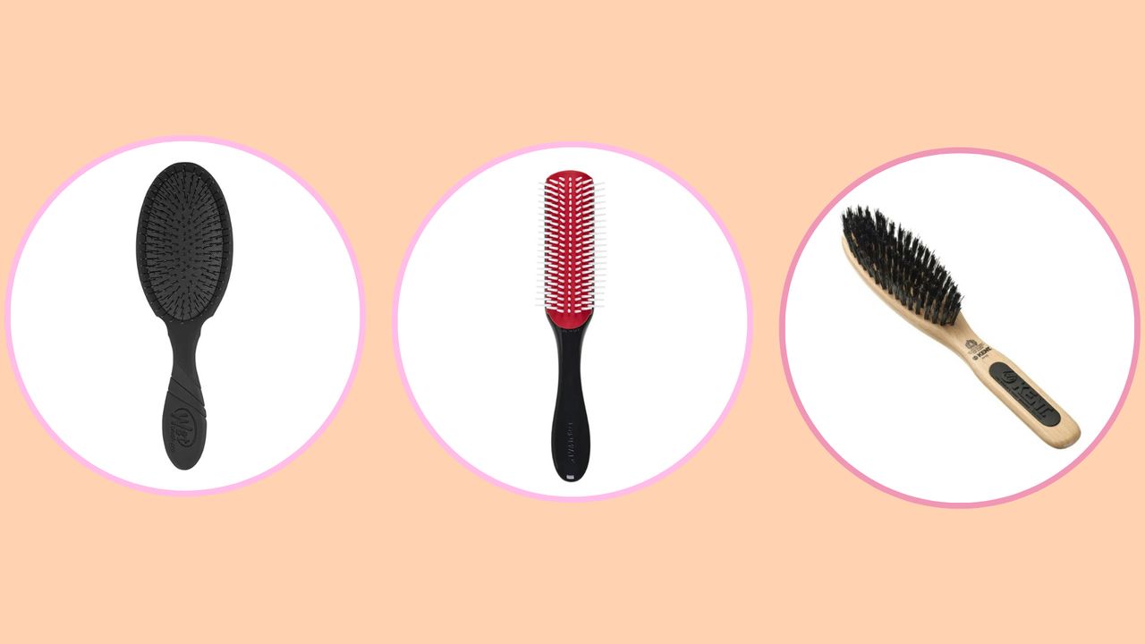 Collage of three of the best brushes for curly hair included in this guide from WetBrush, Denman, and Kent