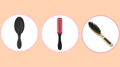 Collage of three of the best brushes for curly hair included in this guide from WetBrush, Denman, and Kent