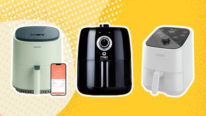 A selection of three small air fryers available in the USA from Cosori, Magic Bullet and Instant on yellow background