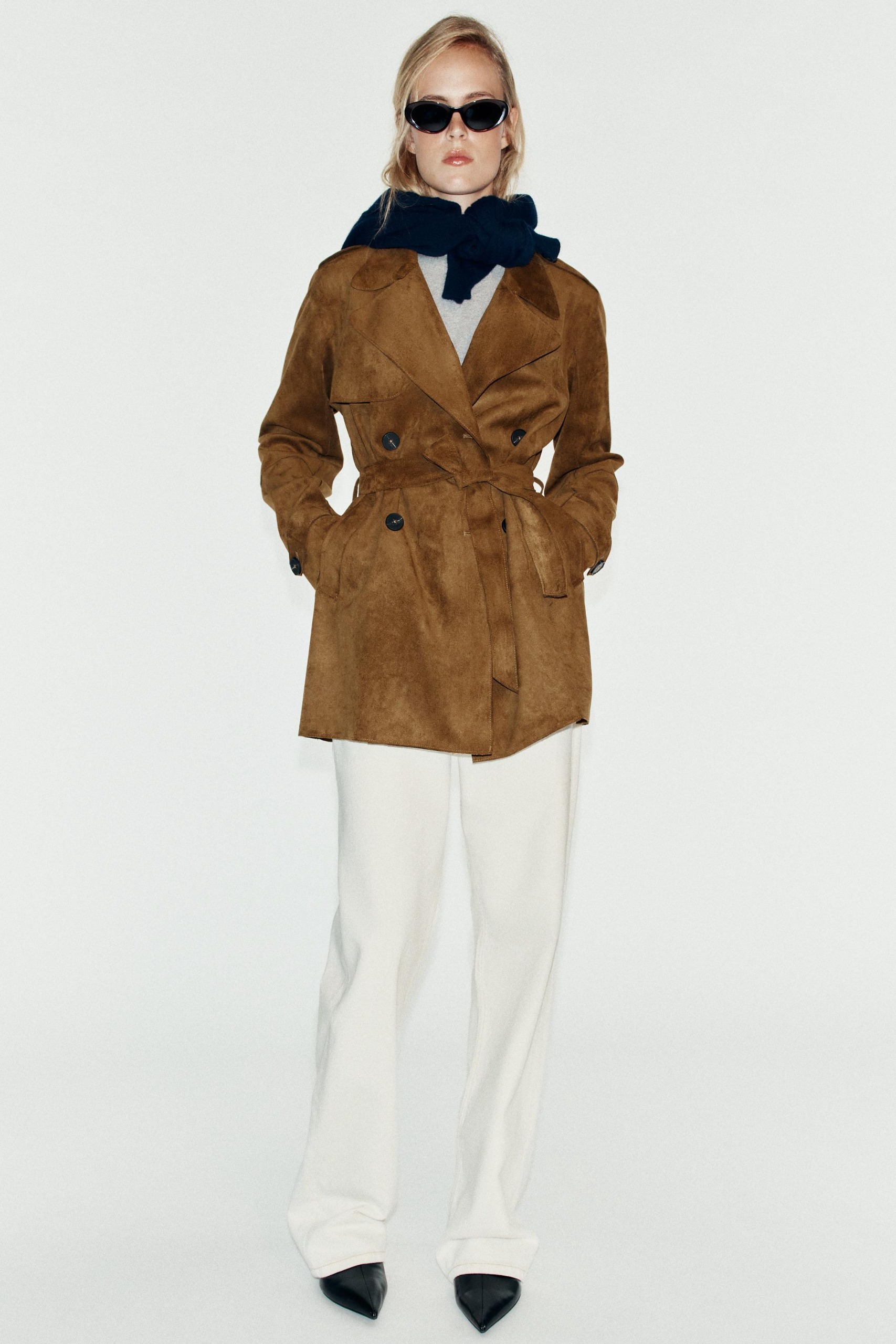 Faux Suede Trench Coat With Belt - Brown - Xs