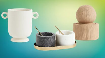 utensil holder, salt and pepper pots, and storage pot on a colorful background