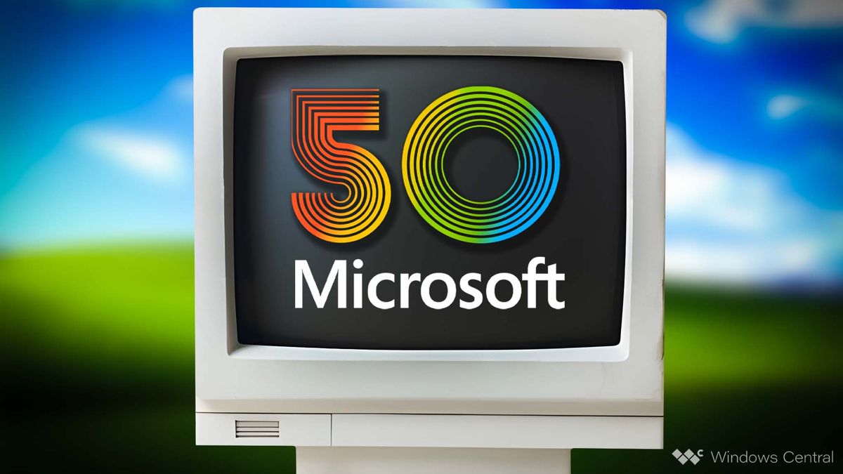 An old computer monitor with the words &quot;50 Microsoft&quot; on the screen. The background is the old green hill and blue sky screen saver from the 2000s. The 50 uses the font of the original Microsoft logo and uses red, yellow, green, and blue coloring. 