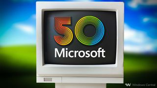 An old computer monitor with the words "50 Microsoft" on the screen. The background is the old green hill and blue sky screen saver from the 2000s. The 50 uses the font of the original Microsoft logo and uses red, yellow, green, and blue coloring. 